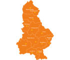 Orange Landkarte, auf der alle 13 Jugendstellen eingezeichnet sind